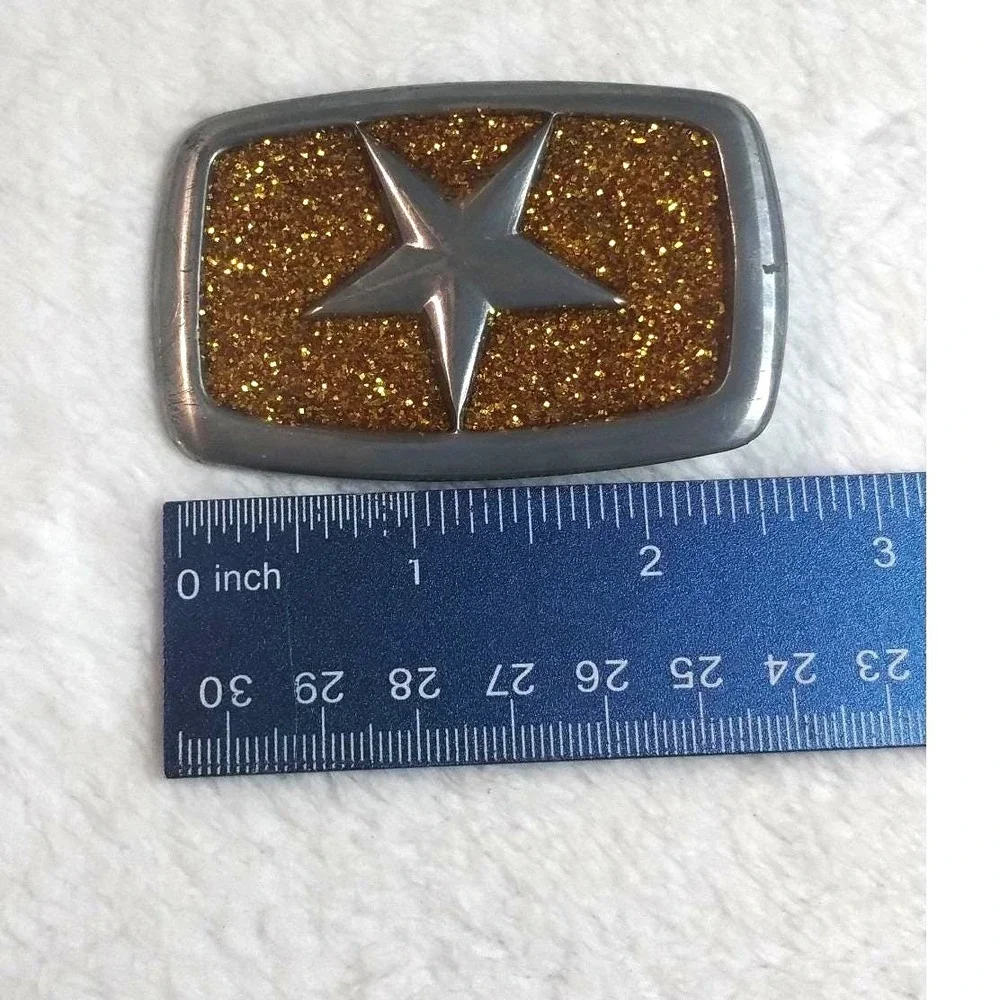 Y2K Silver Gold Glitter Star Belt Buckle Western‎ Celestial Rectangle 2.75in